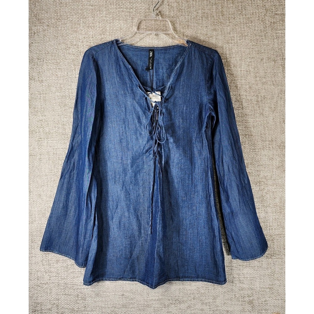 Zara Denim Look Tunic Shirt Dress Womens XS Blue Tie Front Bell Sleeve BOHO‎ NWI